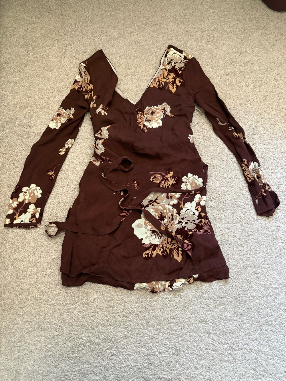 Aritzia Brown Floral Wrap Long-Sleeve Mini Dress